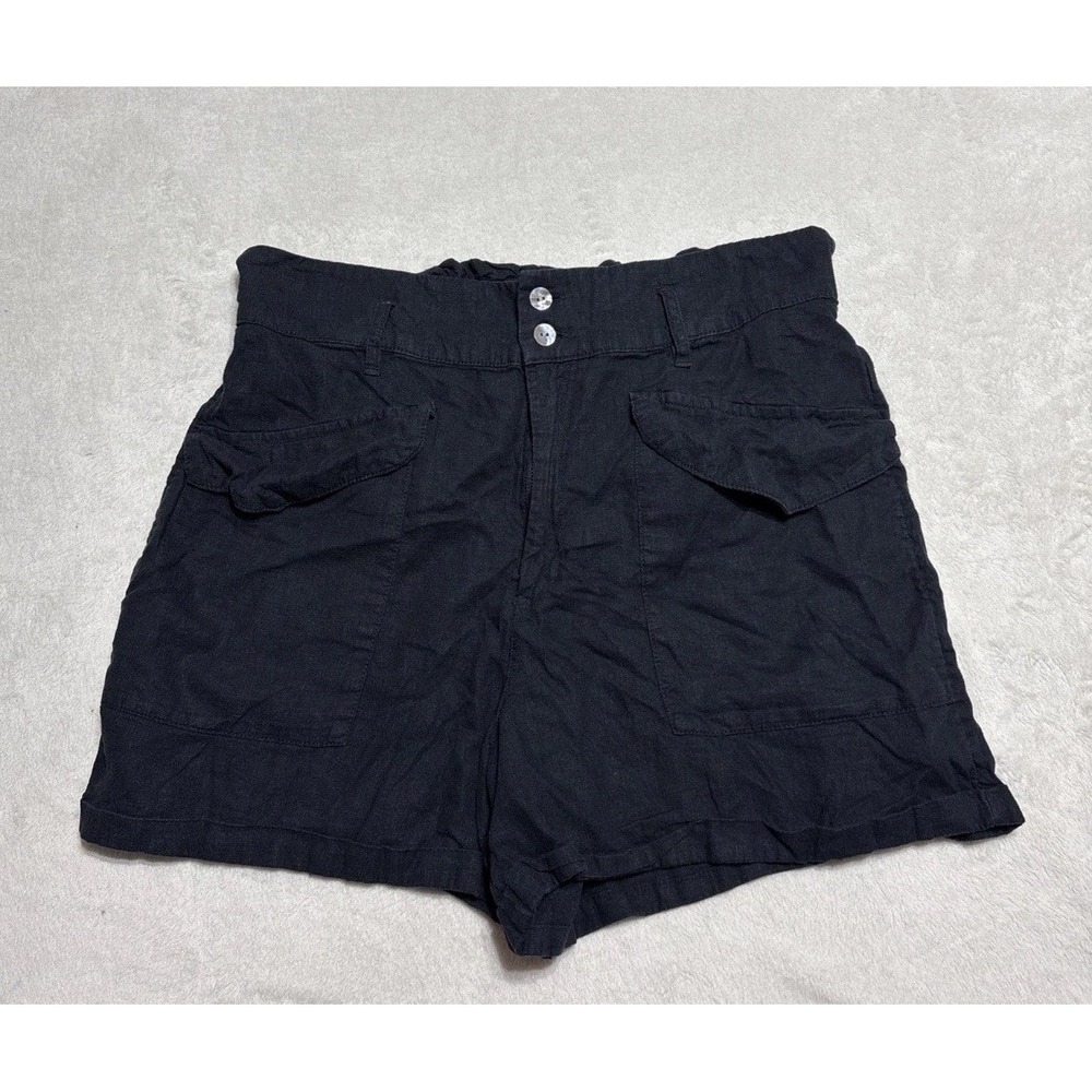 Nicole Miller Linen Shorts Women's Size Large Black Elastic Waist Pockets